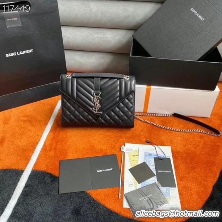 Top Quality SAINT LAURENT ENVELOPE MEDIUM BAG IN MIX MATELASSe GRAIN DE POUDRE EMBOSSED LEATHER 600185 BLACK&SILVER