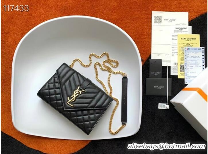 Famous Brand SAINT LAURENT MONOGRAM CHAIN WALLET IN MIX MATELASSE GRAIN DE POUDRE EMBOSSED LEATHER 526286 BLACK&GOLD