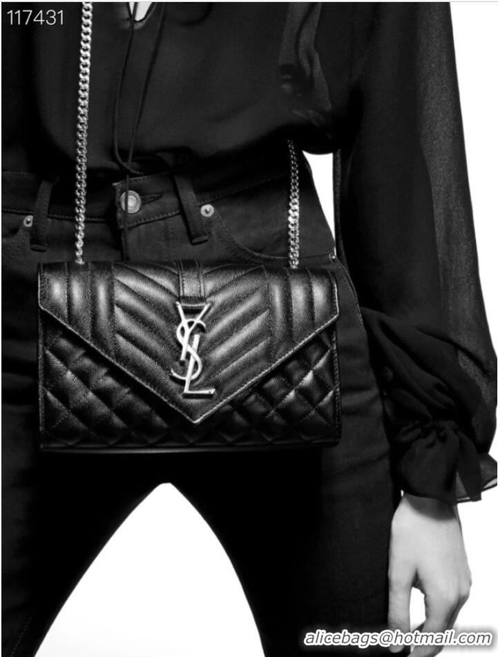 Specials SAINT LAURENT MONOGRAM CHAIN WALLET IN MIX MATELASSE GRAIN DE POUDRE EMBOSSED LEATHER 526286 BLACK&SILVER