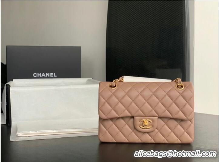 Luxurious Chanel Small Classic Handbag Sheepskin Gold-Tone Metal A01113 Taupe