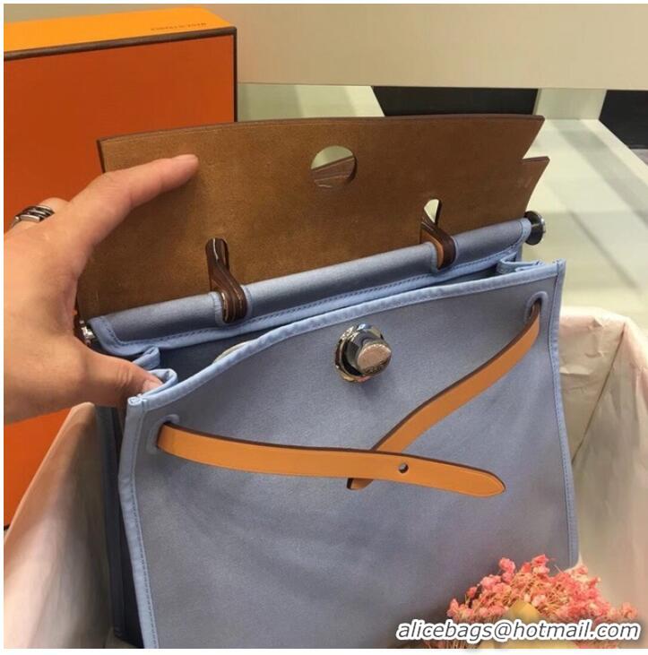 Low Price Hermes Herbag 31CM Original Canvas Leather & Calfskin 45987 light blue Blue&brown