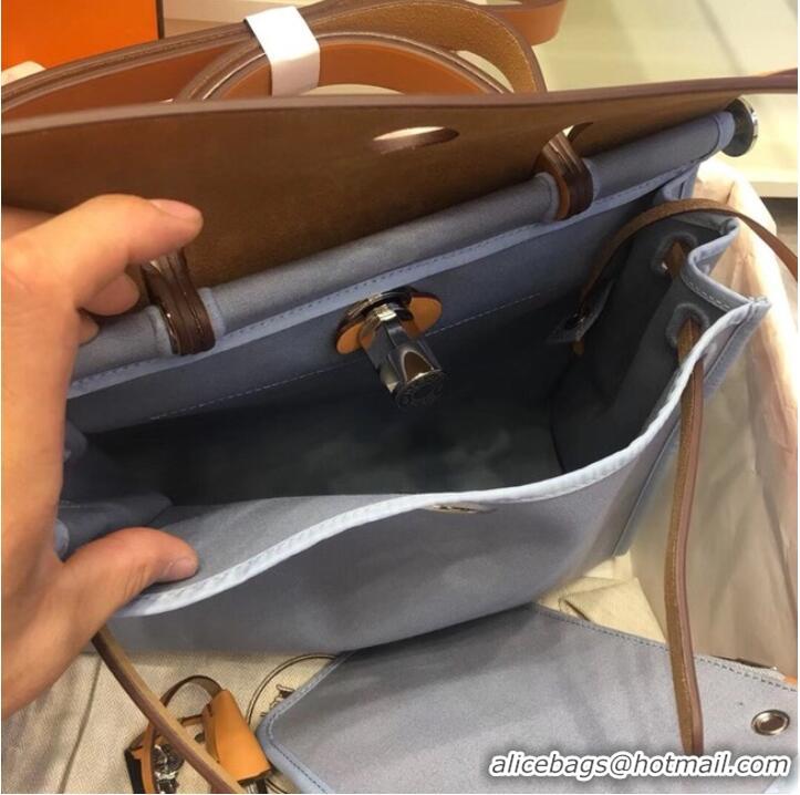 Low Price Hermes Herbag 31CM Original Canvas Leather & Calfskin 45987 light blue Blue&brown