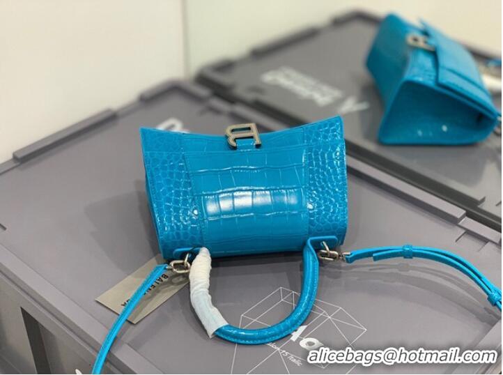 Promotional Balenciaga HOURGLASS SMALL TOP HANDLE BAG crocodile embossed calfskin B108895E sky blue