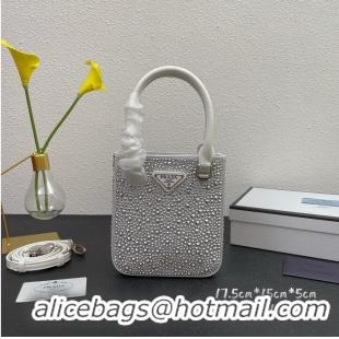 Top Grade Prada leather small-bag with artificial crystals tote 1BC331 White