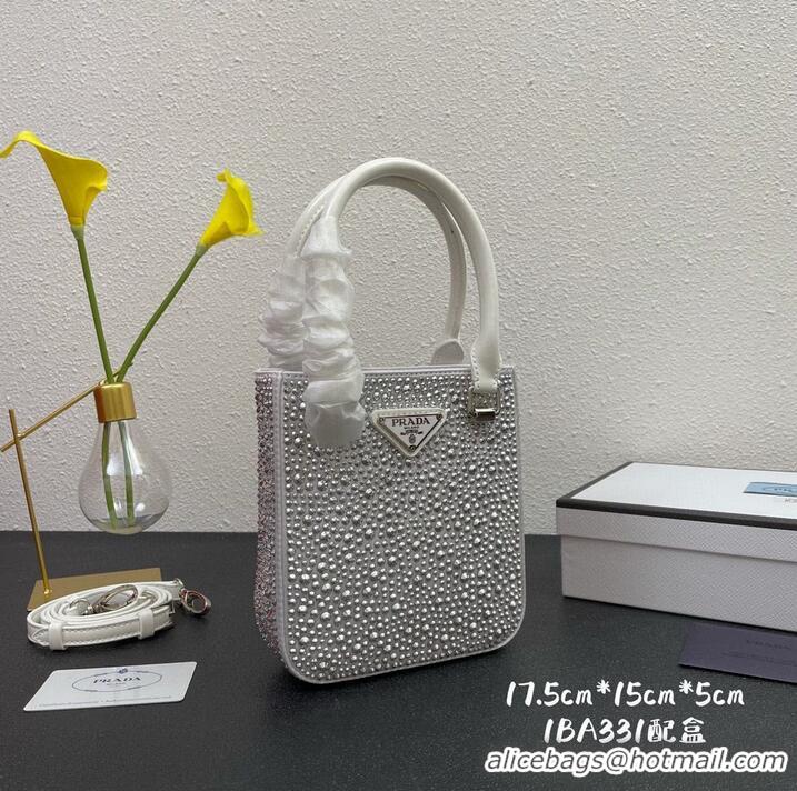 Top Grade Prada leather small-bag with artificial crystals tote 1BC331 White