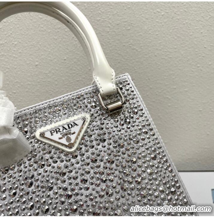 Top Grade Prada leather small-bag with artificial crystals tote 1BC331 White