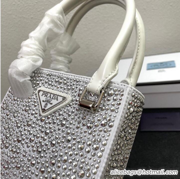 Top Grade Prada leather small-bag with artificial crystals tote 1BC331 White