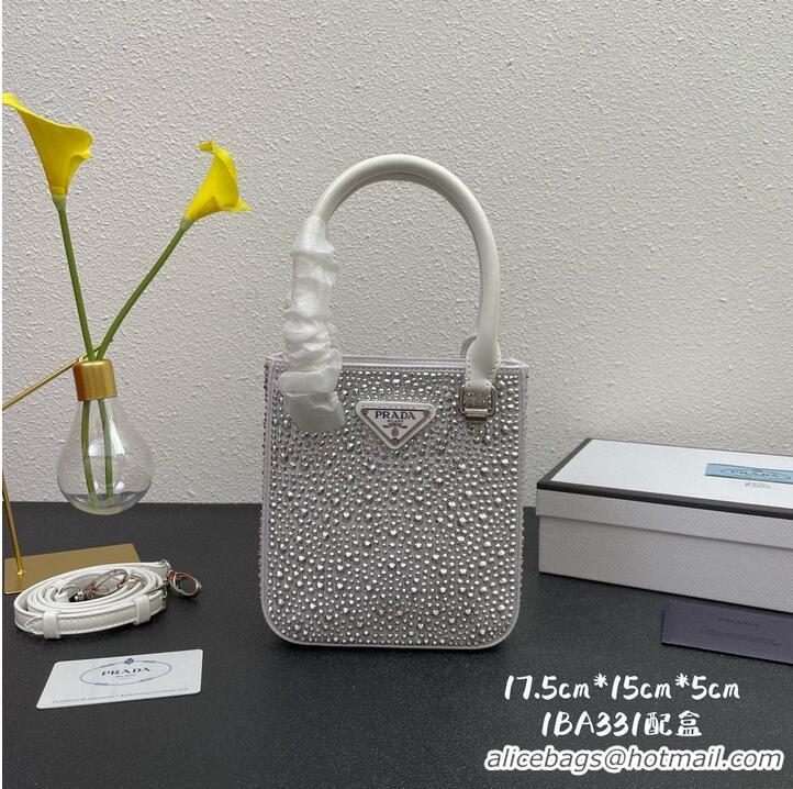 Top Grade Prada leather small-bag with artificial crystals tote 1BC331 White