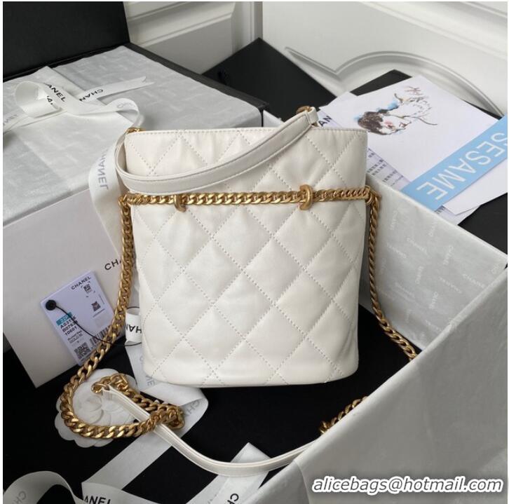 Famous Brand Chanel Drawstring Bag & Gold Metal AS3116 white