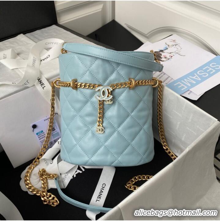 Luxury Cheap Chanel Drawstring Bag & Gold Metal AS3116 sky blue