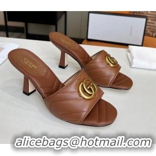 Top Grade Gucci Diagonal Leather Medium Heel Slide Sandals with Double G Brown 030574