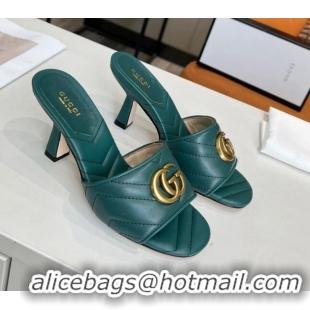 Low Price Gucci Diagonal Leather Medium Heel Slide Sandals with Double G Green 030575