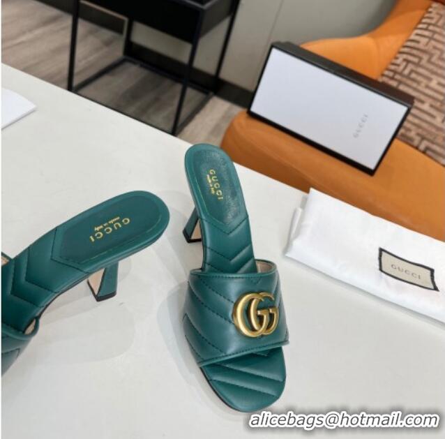 Low Price Gucci Diagonal Leather Medium Heel Slide Sandals with Double G Green 030575