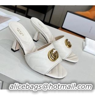 Best Grade Gucci Diagonal Leather Medium Heel Slide Sandals with Double G White 030576