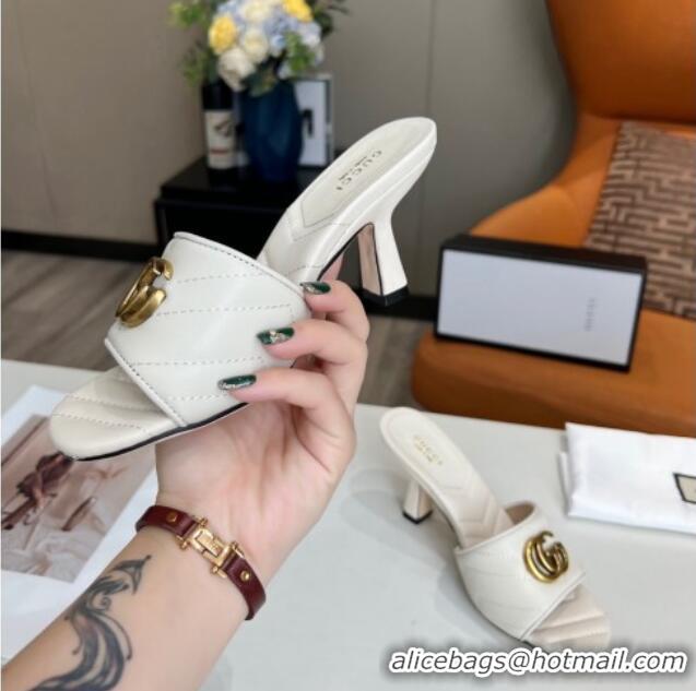 Best Grade Gucci Diagonal Leather Medium Heel Slide Sandals with Double G White 030576