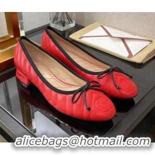 Popular Style Gucci Diagonal Lambskin Ballet with Bow 3cm Red 030583