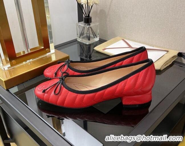 Popular Style Gucci Diagonal Lambskin Ballet with Bow 3cm Red 030583