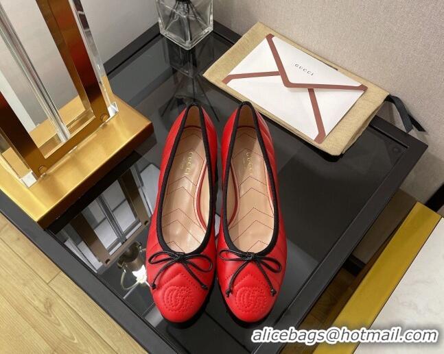 Popular Style Gucci Diagonal Lambskin Ballet with Bow 3cm Red 030583