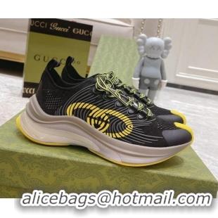 Expensive Gucci Run Sneakers in Interlocking G Knit Fabric Black/Yellow 032544