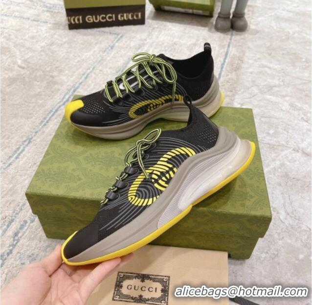 Expensive Gucci Run Sneakers in Interlocking G Knit Fabric Black/Yellow 032544