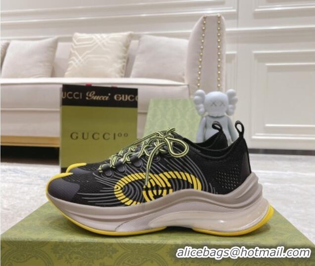 Expensive Gucci Run Sneakers in Interlocking G Knit Fabric Black/Yellow 032544