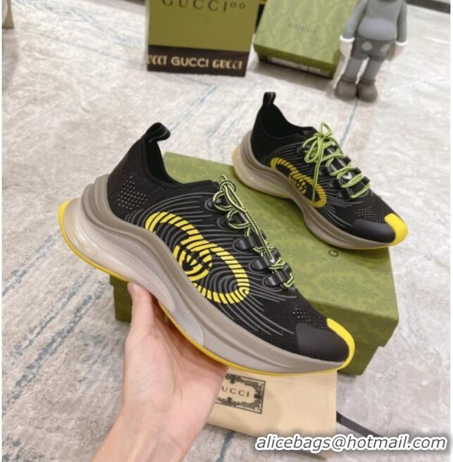 Expensive Gucci Run Sneakers in Interlocking G Knit Fabric Black/Yellow 032544