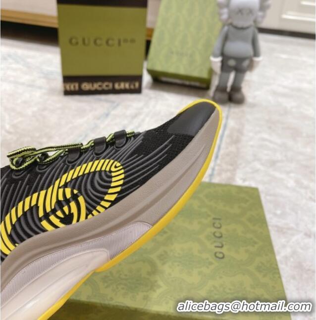 Expensive Gucci Run Sneakers in Interlocking G Knit Fabric Black/Yellow 032544