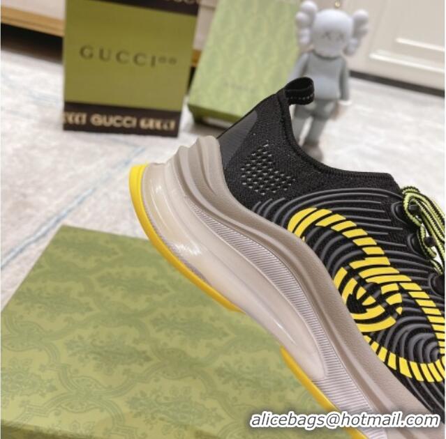 Expensive Gucci Run Sneakers in Interlocking G Knit Fabric Black/Yellow 032544