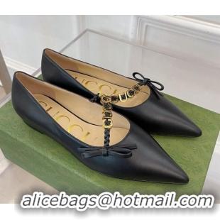 Cheap Gucci Leather Ballet Flat with 'GUCCI' Bow Black 032547