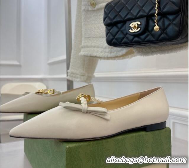 Sumptuous Gucci Leather Ballet Flat with 'GUCCI' Bow White 032548