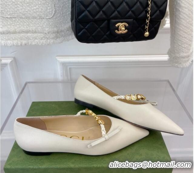 Sumptuous Gucci Leather Ballet Flat with 'GUCCI' Bow White 032548