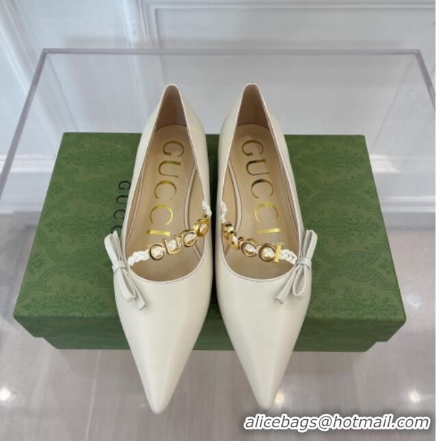 Sumptuous Gucci Leather Ballet Flat with 'GUCCI' Bow White 032548