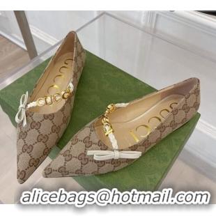 Discount Gucci GG Canvas Ballet Flat with 'GUCCI' Bow Brown 032549