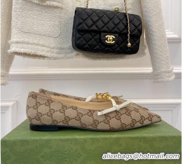 Discount Gucci GG Canvas Ballet Flat with 'GUCCI' Bow Brown 032549