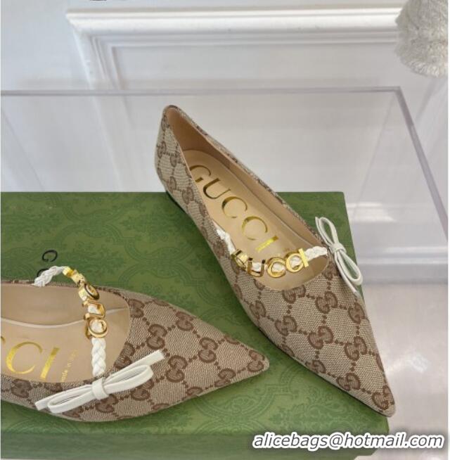 Discount Gucci GG Canvas Ballet Flat with 'GUCCI' Bow Brown 032549