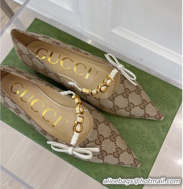 Discount Gucci GG Canvas Ballet Flat with 'GUCCI' Bow Brown 032549