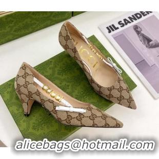 Discount Gucci GG Canvas Pumps 5.5cm with 'GUCCI' Bow Brown 032850