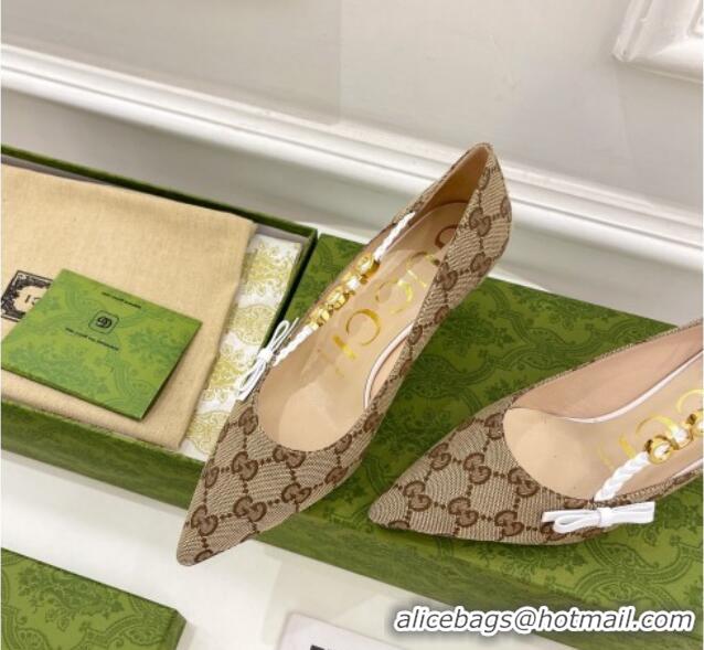 Discount Gucci GG Canvas Pumps 5.5cm with 'GUCCI' Bow Brown 032850