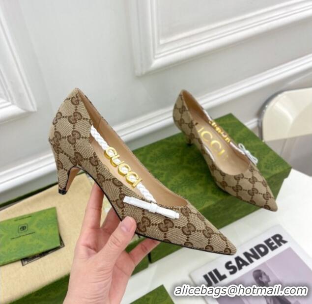 Discount Gucci GG Canvas Pumps 5.5cm with 'GUCCI' Bow Brown 032850