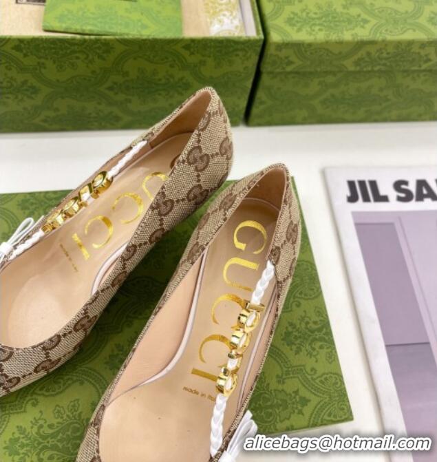 Discount Gucci GG Canvas Pumps 5.5cm with 'GUCCI' Bow Brown 032850