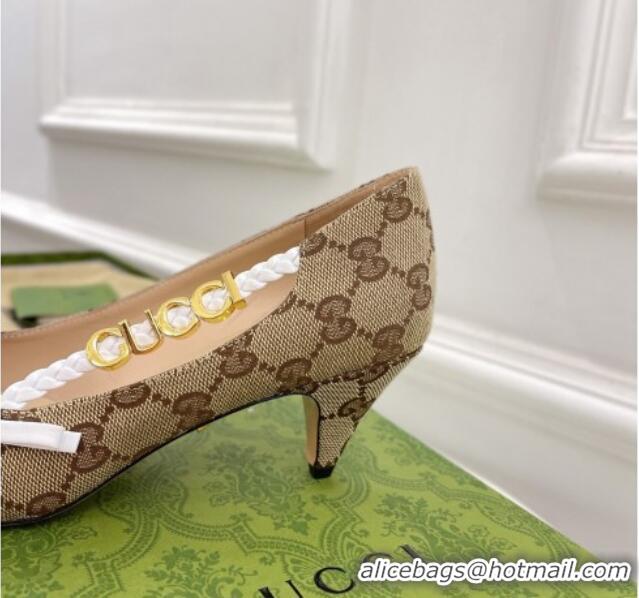 Discount Gucci GG Canvas Pumps 5.5cm with 'GUCCI' Bow Brown 032850