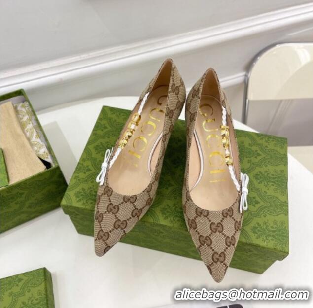 Discount Gucci GG Canvas Pumps 5.5cm with 'GUCCI' Bow Brown 032850