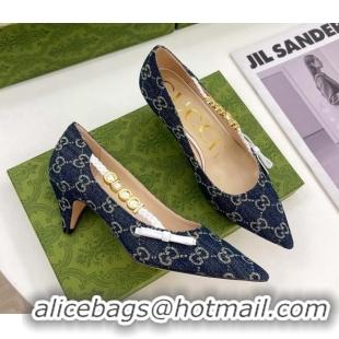 Stylish Gucci GG Denim Pumps 5.5cm with 'GUCCI' Bow Blue 032852