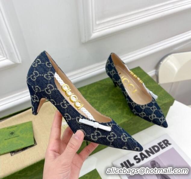 Stylish Gucci GG Denim Pumps 5.5cm with 'GUCCI' Bow Blue 032852