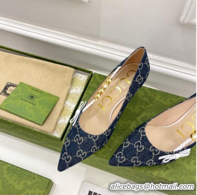 Stylish Gucci GG Denim Pumps 5.5cm with 'GUCCI' Bow Blue 032852