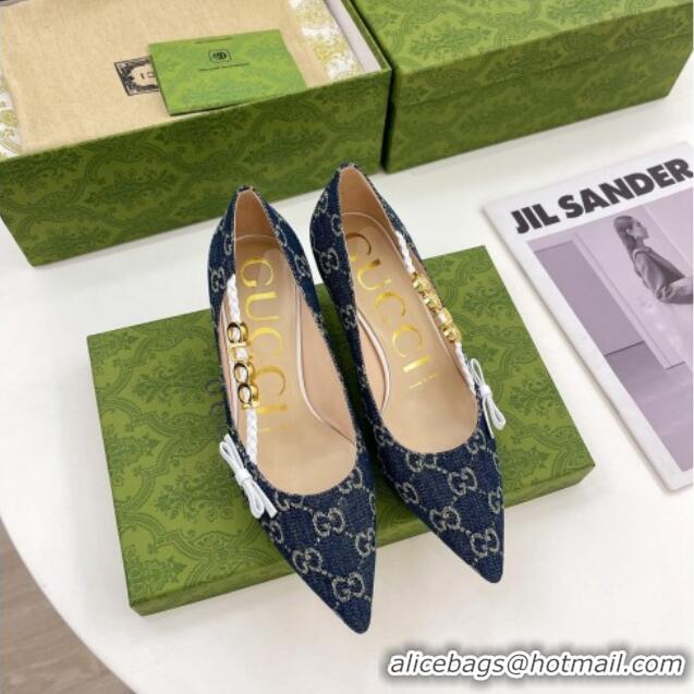 Stylish Gucci GG Denim Pumps 5.5cm with 'GUCCI' Bow Blue 032852