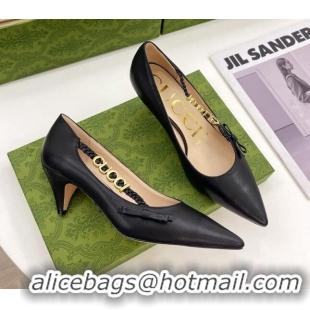 Popular Style Gucci Leather Pumps 5.5cm with 'GUCCI' Bow Black 032853