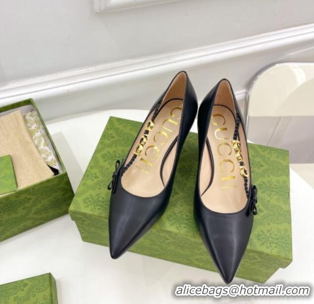 Popular Style Gucci Leather Pumps 5.5cm with 'GUCCI' Bow Black 032853