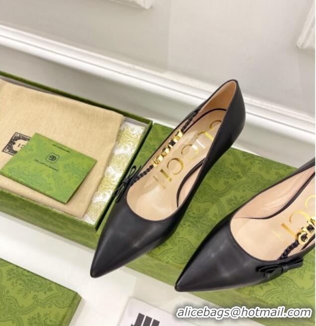 Popular Style Gucci Leather Pumps 5.5cm with 'GUCCI' Bow Black 032853