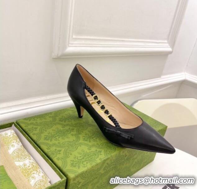 Popular Style Gucci Leather Pumps 5.5cm with 'GUCCI' Bow Black 032853